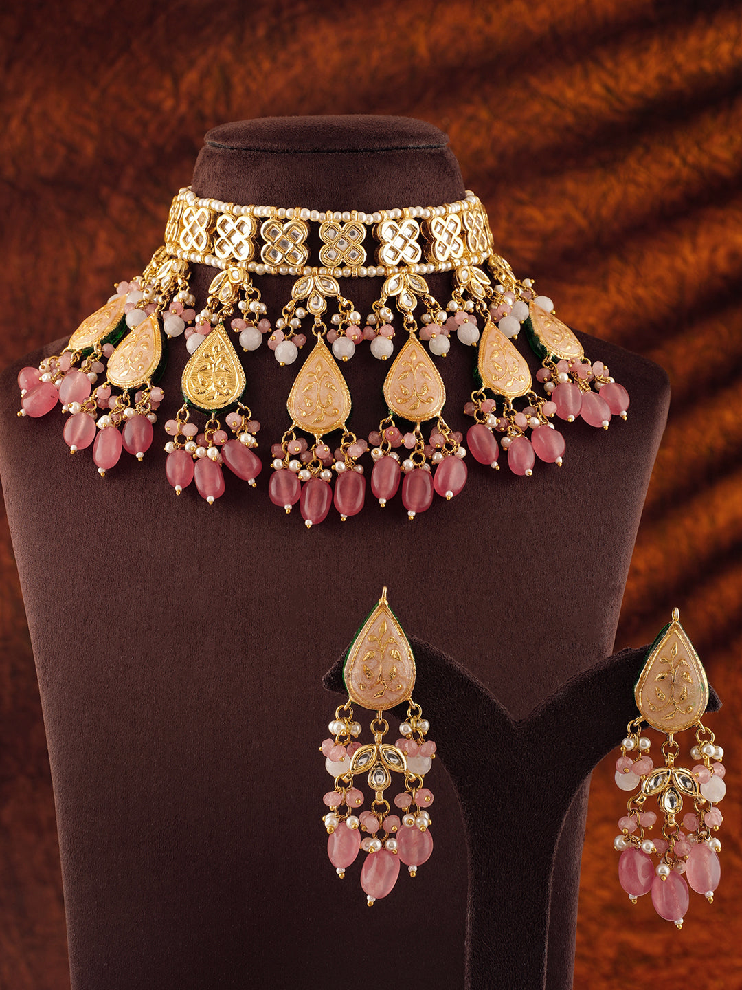 Rubans Luxury 24K Gold Plated Handcrafted Pink Enamel & Pachi Kundan with Pearls Beaded Necklace Set