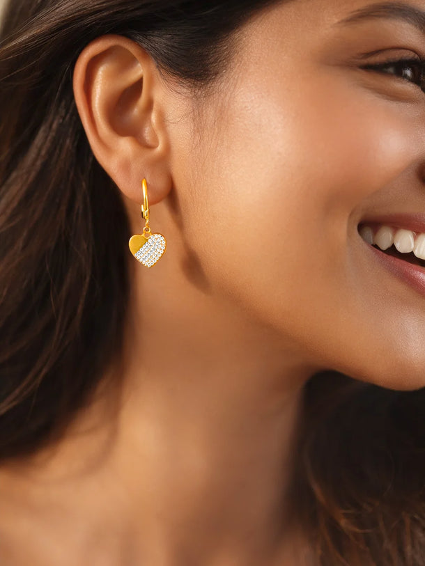 925 Fine Silver Crystal Heart Hoop Drop Earrings