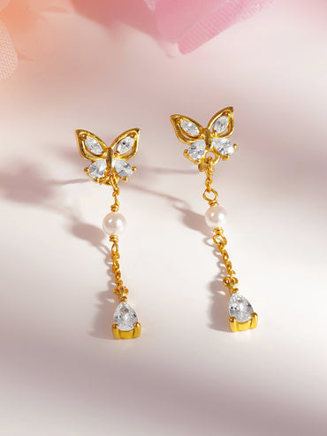 925 Fine Silver Butterfly Pearl Chain Drop Earrings