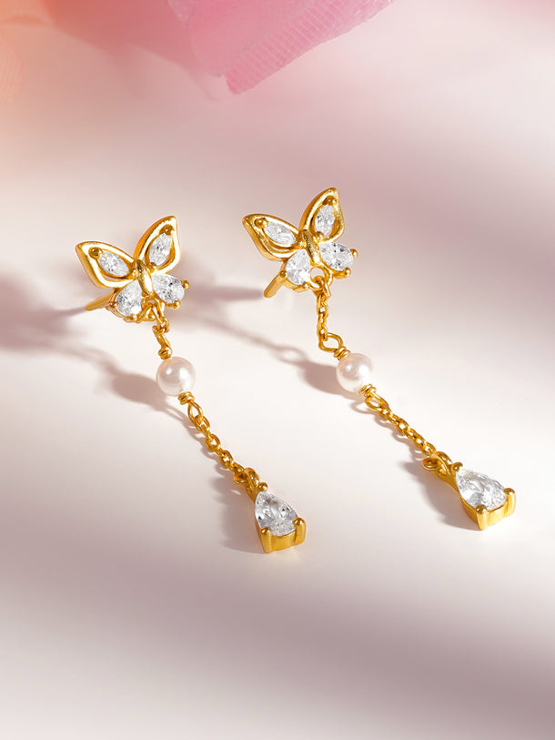 925 Fine Silver Butterfly Pearl Chain Drop Earrings