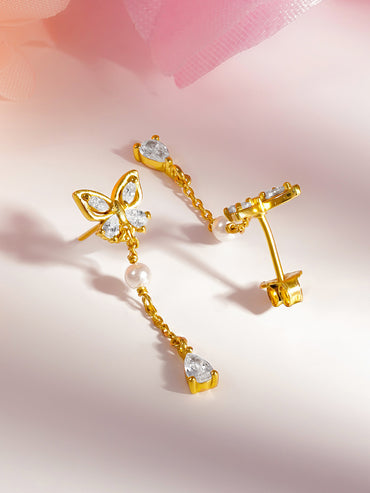 925 Fine Silver Butterfly Pearl Chain Drop Earrings