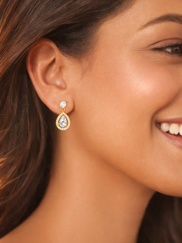 925 Fine Silver Pear Halo Crystal Drop Earrings