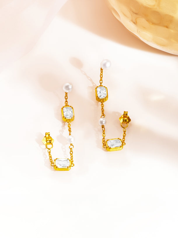 925 Fine Silver Baguette Crystal Pearl Dangler Earrings