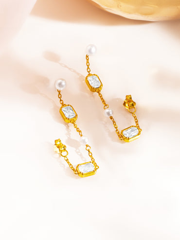 925 Fine Silver Baguette Crystal Pearl Dangler Earrings
