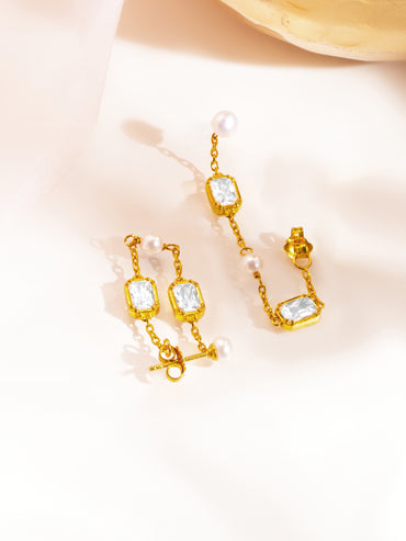 925 Fine Silver Baguette Crystal Pearl Dangler Earrings