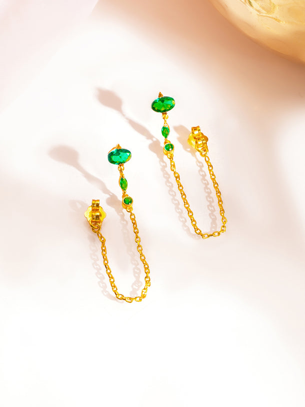 925 Fine Silver Emerald Crystal Chain Drop Earrings