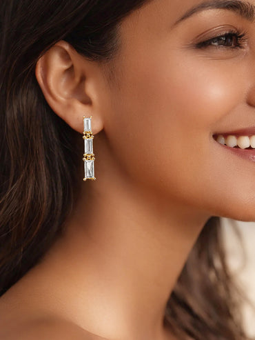 925 Fine Silver Triple Linear Crystal Drop Earrings