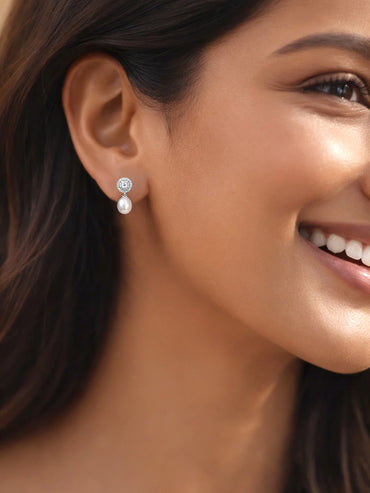925 Fine Silver American Diamond Pearl Drop Earrings