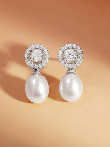 925 Fine Silver American Diamond Pearl Drop Earrings