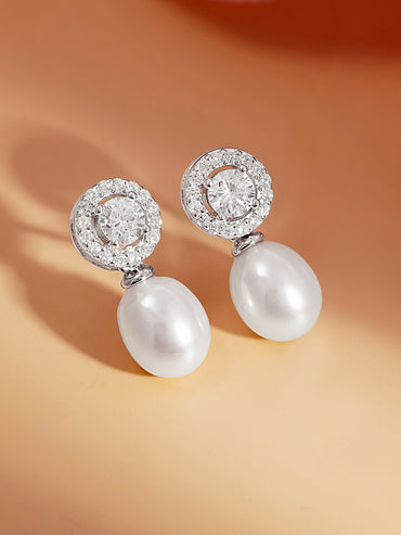 925 Fine Silver American Diamond Pearl Drop Earrings