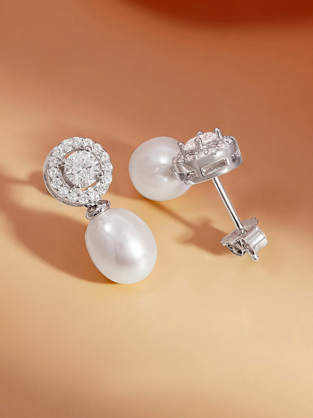 925 Fine Silver American Diamond Pearl Drop Earrings