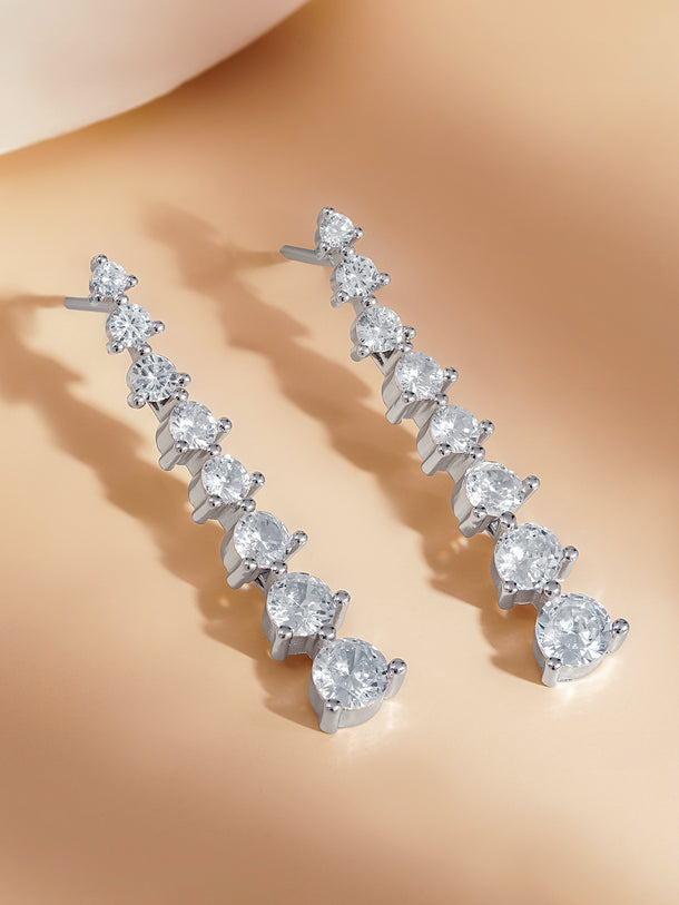 925 Silver American Diamond Linear Drop Earrings