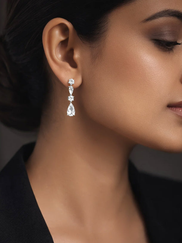 925 Fine Silver Diamond Crystal Drop Earrings