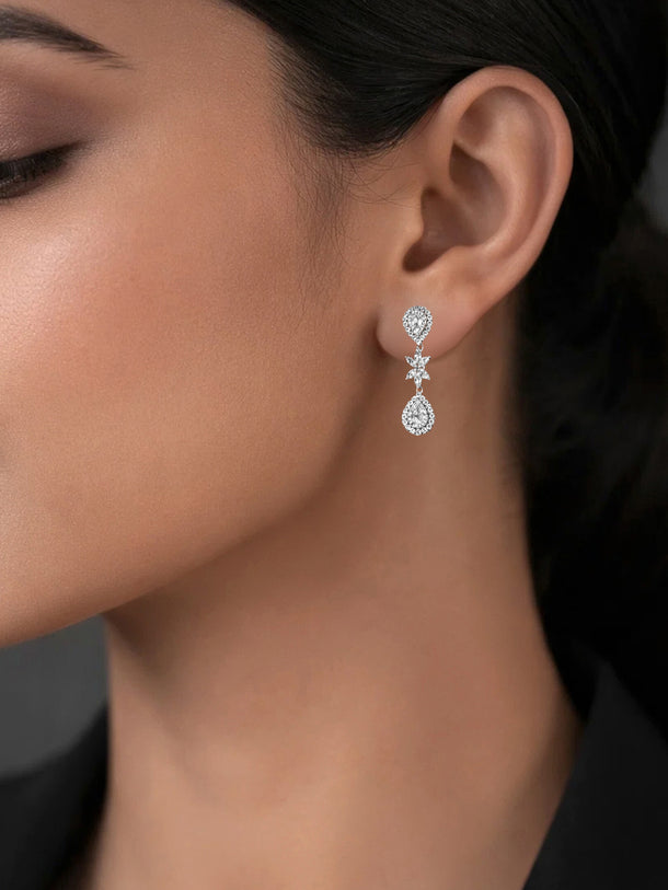 925 Fine Silver Floral Teardrop Drop Earrings