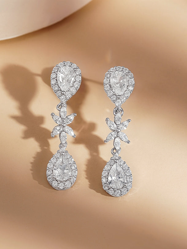 925 Fine Silver Floral Teardrop Drop Earrings