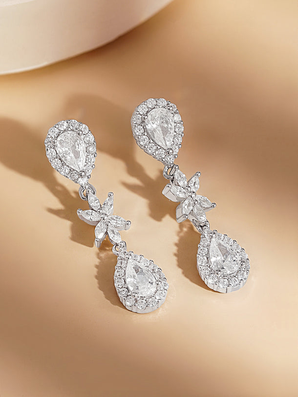 925 Fine Silver Floral Teardrop Drop Earrings