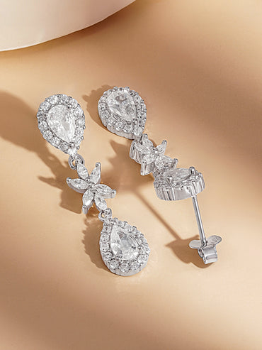 925 Fine Silver Floral Teardrop Drop Earrings