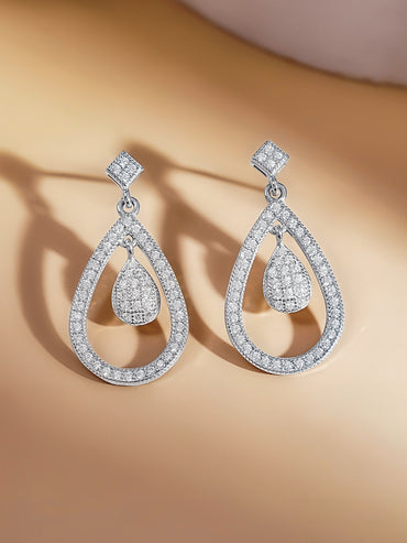 925 Fine Silver Sparkling Zirconia Halo Drop Earrings