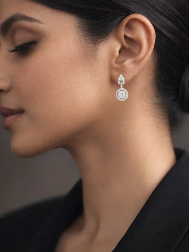 925 Fine Silver Solitaire Zirconia Halo Drop Earrings