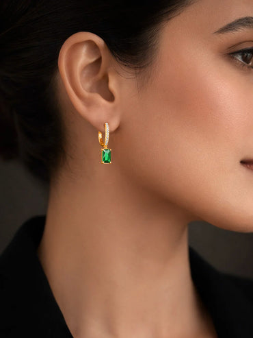 925 Fine Silver Emerald Crystal Hoop Drop Earrings