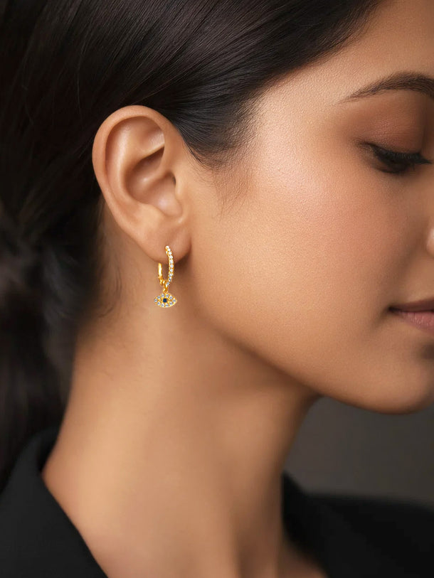 925 Fine Silver Evil Eye Hoop Drop Earrings