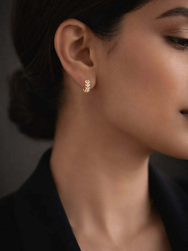 925 Fine Silver Crystal Leaf Minimal Hoop Earrings