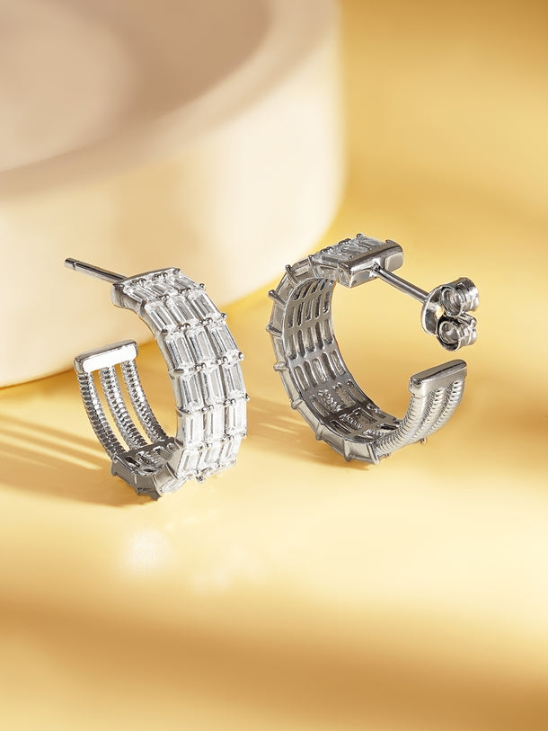 925 Fine Silver Triple Crystal Hoop Earrings