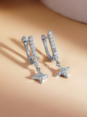 925 Fine Silver Zirconia Star Charm Hoop Drop