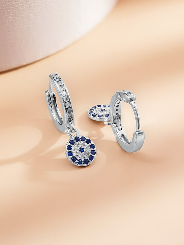 925 Fine Silver Evil Eye Charm Hoop Drop Earrings