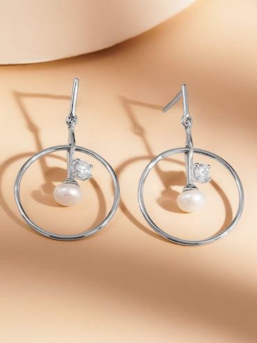 925 Fine Silver Pearl Circle Drop Earrings