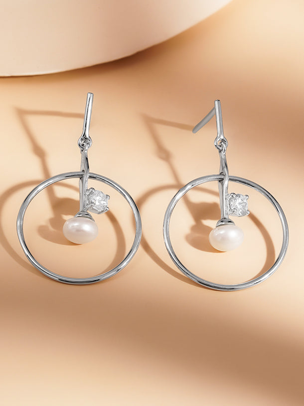 925 Fine Silver Pearl Circle Drop Earrings