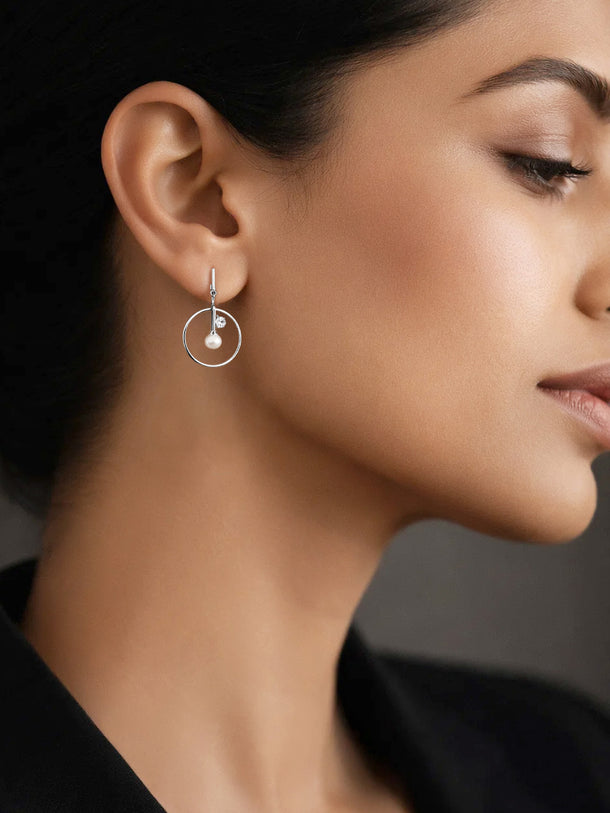 925 Fine Silver Pearl Circle Drop Earrings