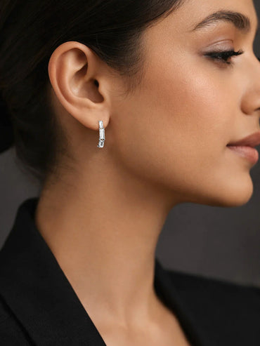 925 Fine Silver Baguette Diamond Drop Earrings