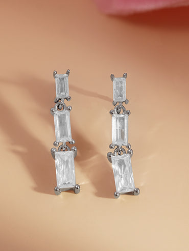 925 Fine Silver Baguette Diamond Drop Earrings