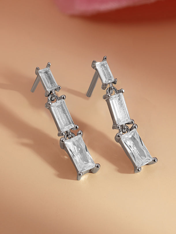 925 Fine Silver Baguette Diamond Drop Earrings