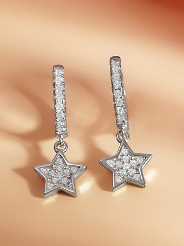 925 Fine Silver Zirconia Star Charm Hoop Earrings