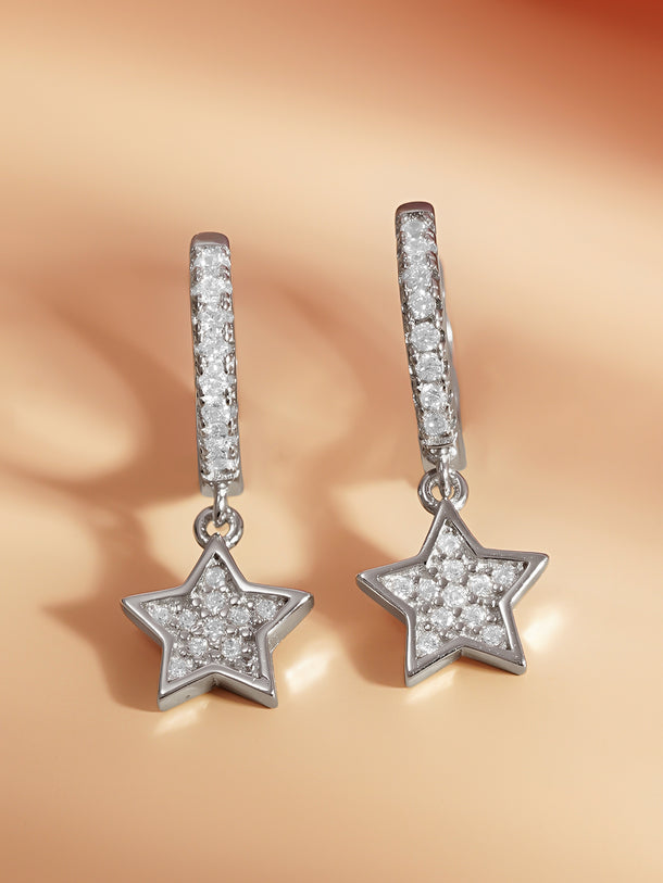 925 Fine Silver Zirconia Star Charm Hoop Earrings