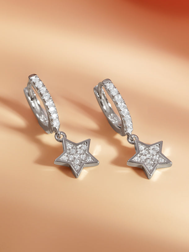 925 Fine Silver Zirconia Star Charm Hoop Earrings