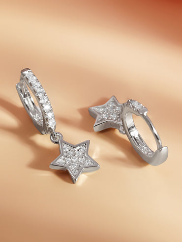 925 Fine Silver Zirconia Star Charm Hoop Earrings