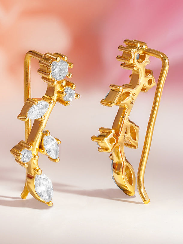 925 Fine Silver Crystal Leaf Stud Earrings