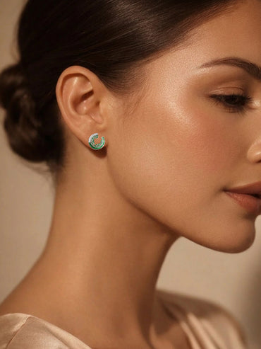 925 Fine Silver Emerald Crystal Crescent Stud Earrings