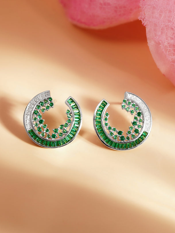 925 Fine Silver Emerald Crystal Crescent Stud Earrings