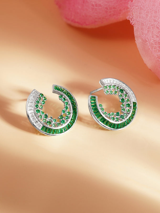 925 Fine Silver Emerald Crystal Crescent Stud Earrings
