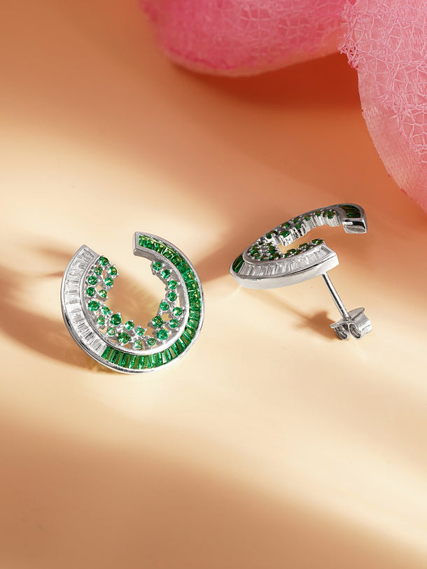 925 Fine Silver Emerald Crystal Crescent Stud Earrings