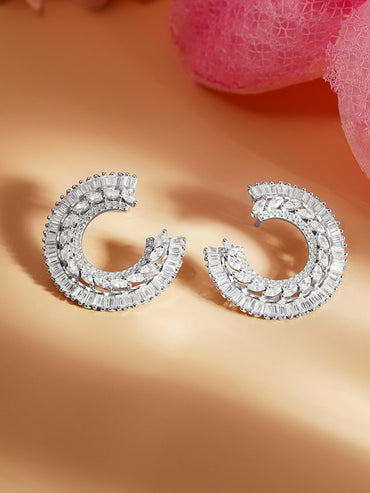925 Fine Silver Zirconia Crescent Statement Stud Earrings