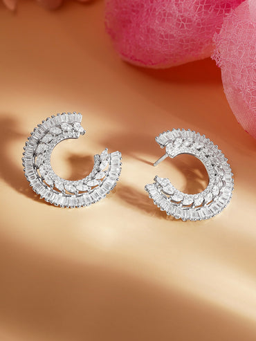 925 Fine Silver Zirconia Crescent Statement Stud Earrings