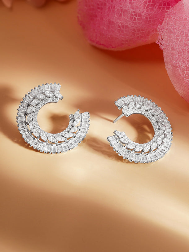 925 Fine Silver Zirconia Crescent Statement Stud Earrings