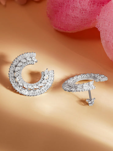 925 Fine Silver Zirconia Crescent Statement Stud Earrings