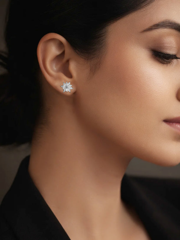 925 Fine Silver Crystal Floral Stud Earrings