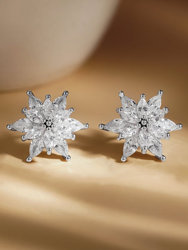 925 Fine Silver Crystal Floral Stud Earrings